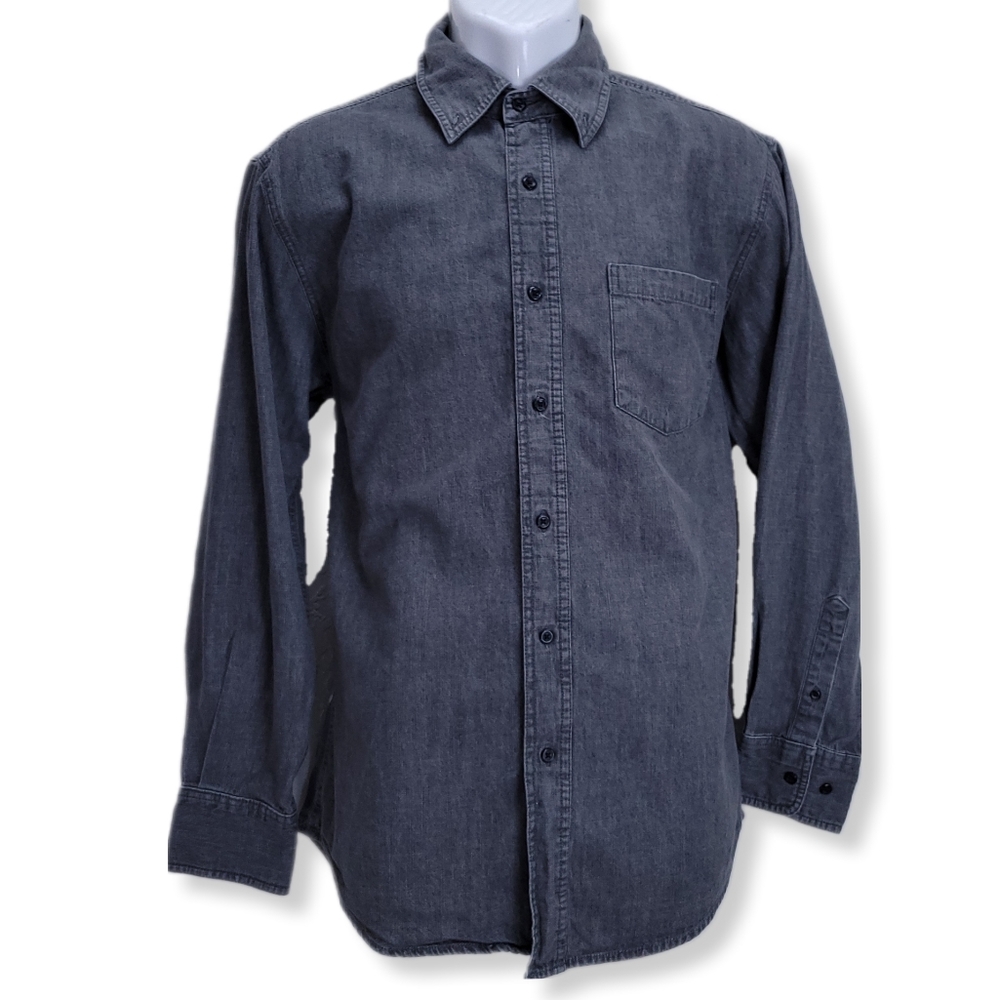 Premier International Mens L Denim Shirt Gray Button Up Long Sleeve Jean Vintage